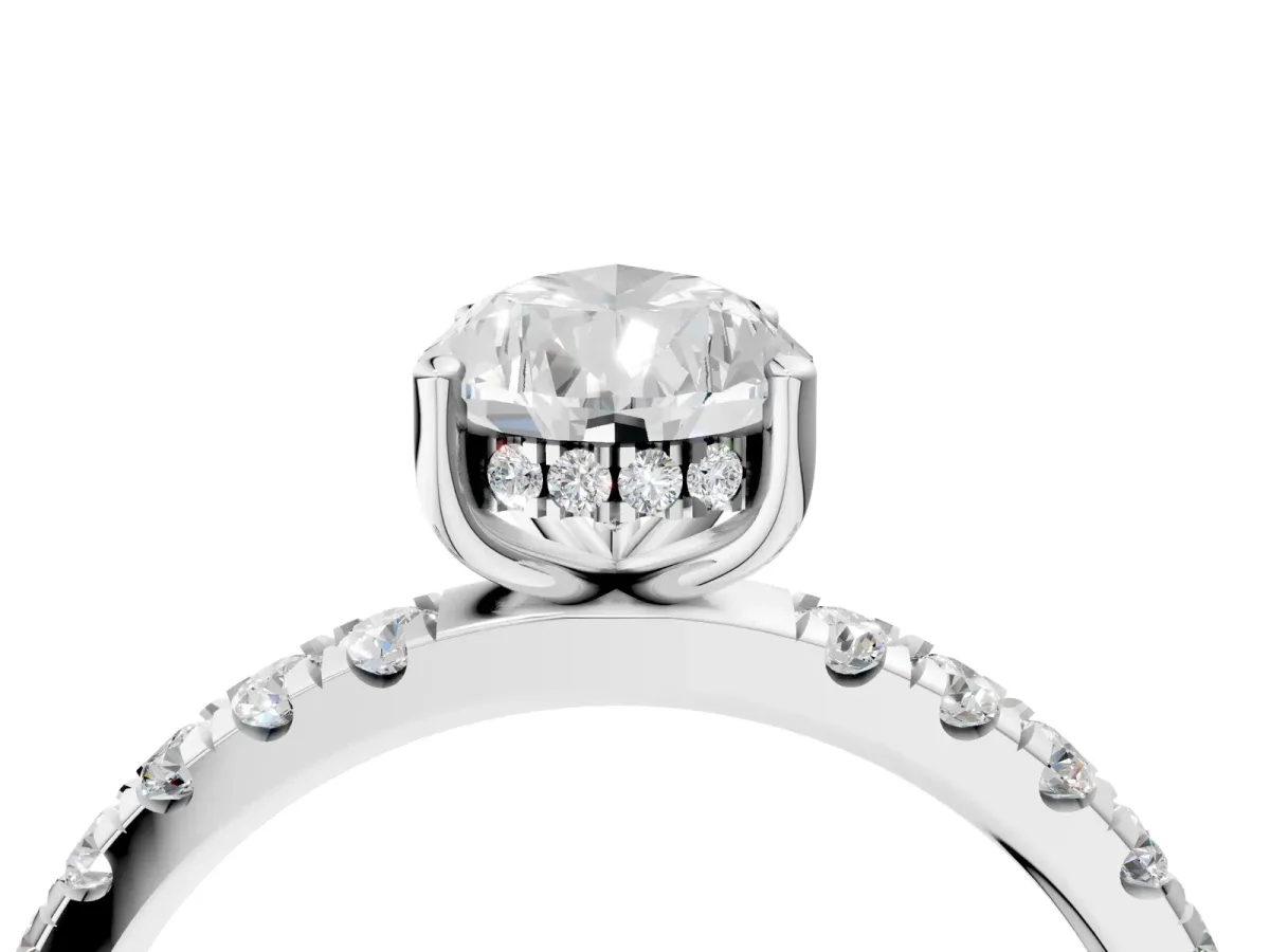 Pear Cut Diamond Pave Band Solitaire Ring with Round Moissanite and Prong Setting Platinum