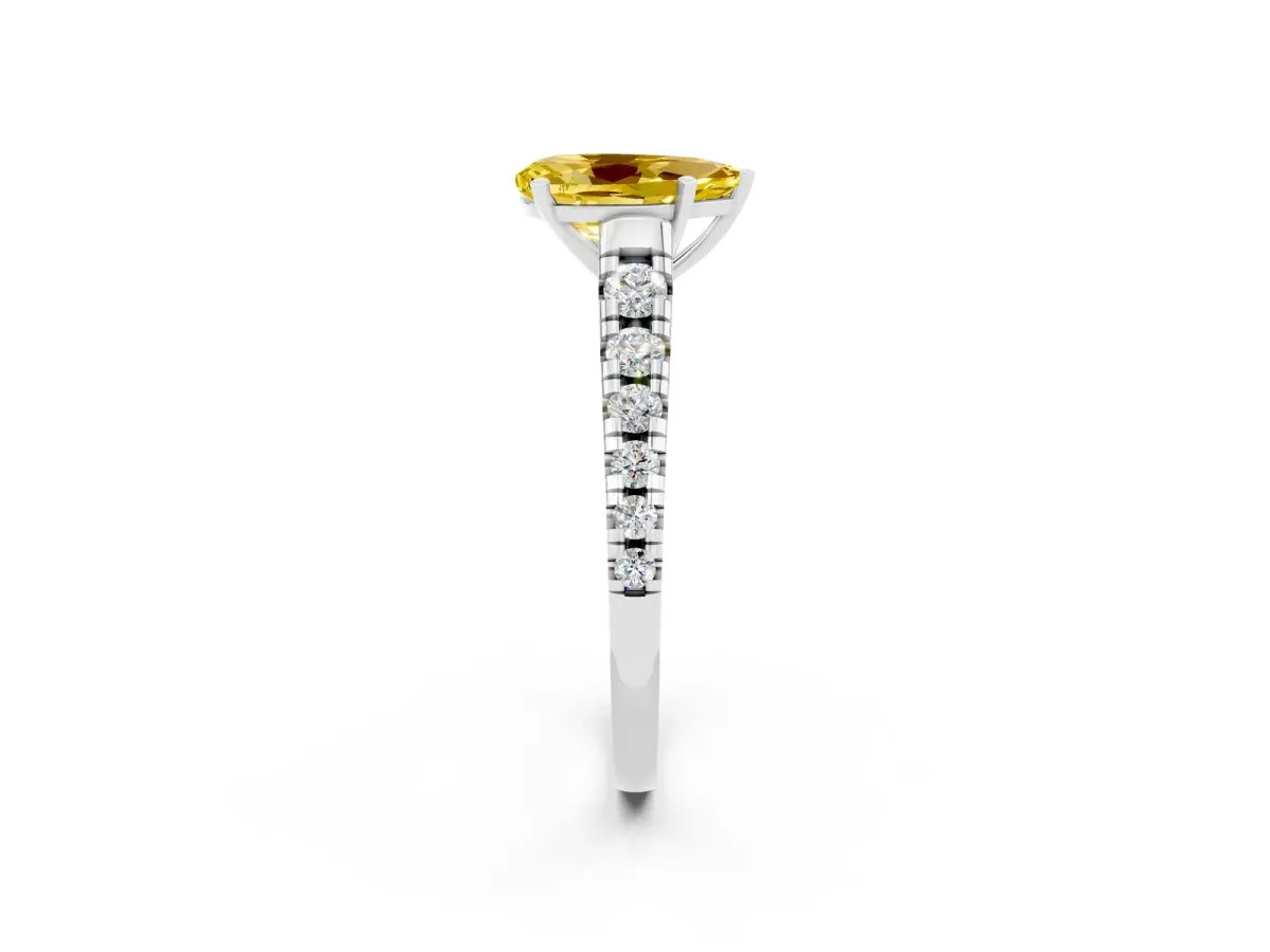 Pear Cut Yellow Sapphire Cathedral Solitaire Ring with Round Pavé Band Silver