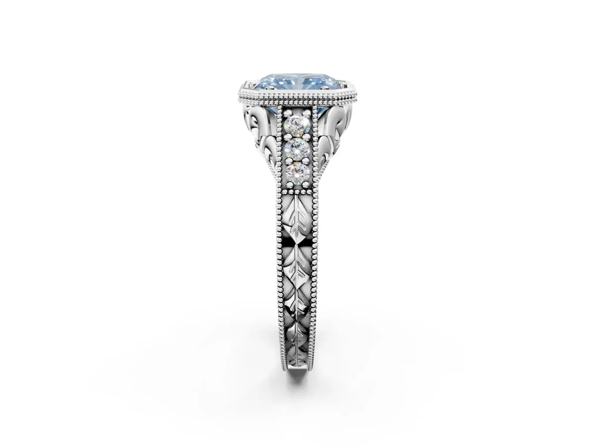 Fancy Blue Bezel Set Radiant Cut Diamond Milgrain Pave Engagement Ring Platinum
