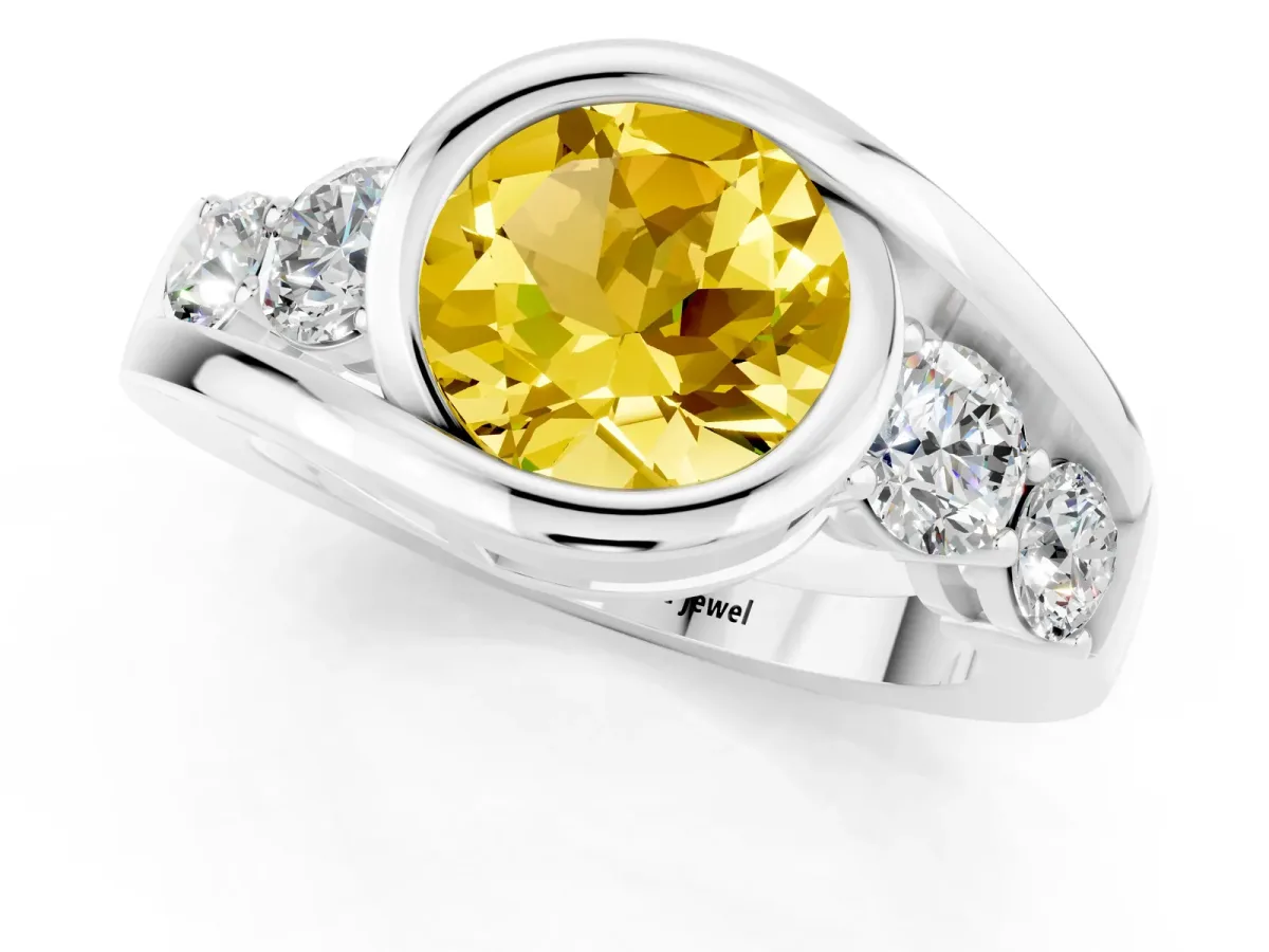 Bezel Set Round Cut Yellow Sapphire Bypass Ring with Round Accents Silver