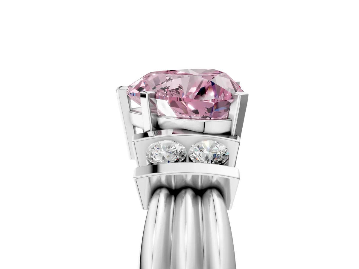 Fancy Pink Heart Cut Cut Three-Stone Channel Set Ring with Bar Prongs Platinum