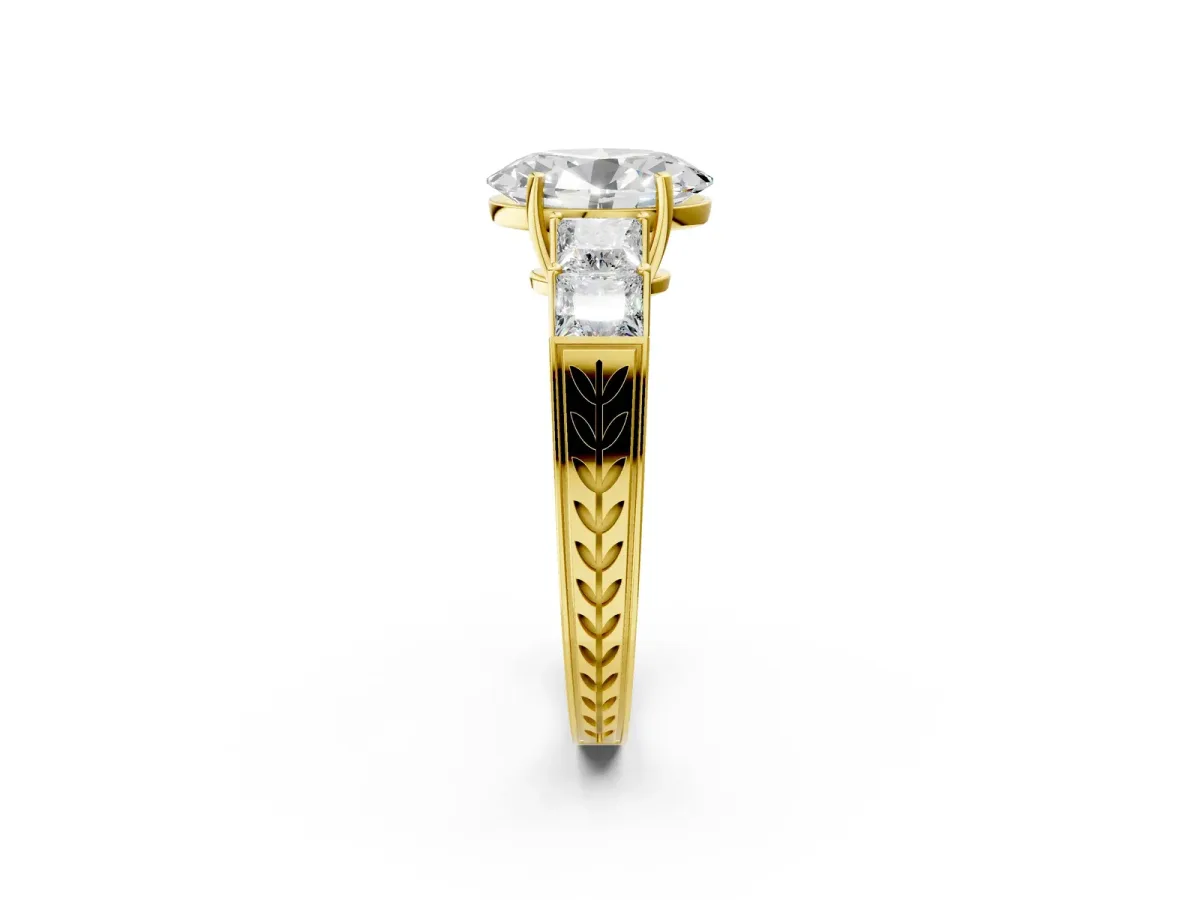 Oval Cut Solitaire Princess Side Stone Engraved Band Prong Setting Ring Yellow gold