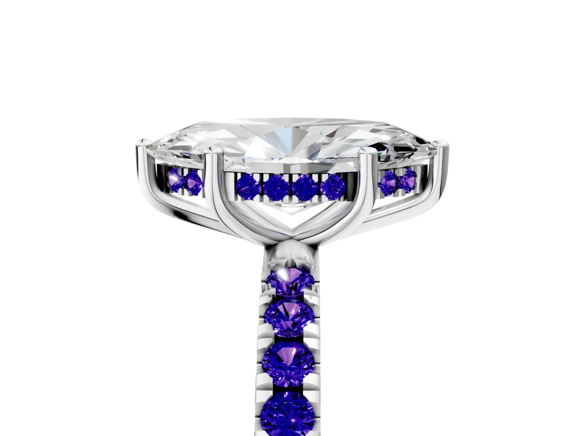Marquise Cut Diamond Pave Band Solitaire Ring with Round Tanzanite and Prong Setting Silver