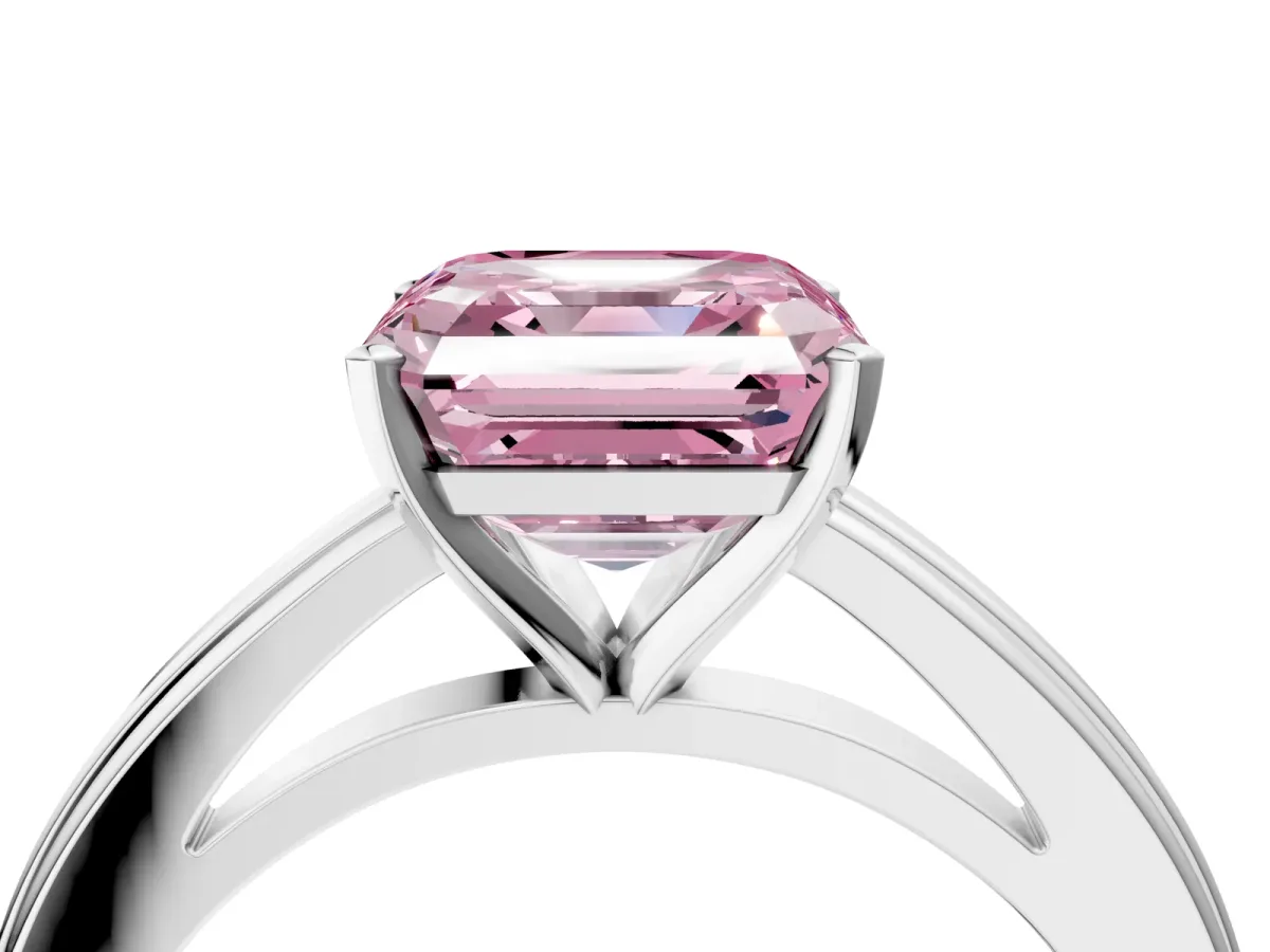 Fancy Pink Asscher Cut Solitaire Diamond Ring with Four-Prong Setting and Classic Band Platinum