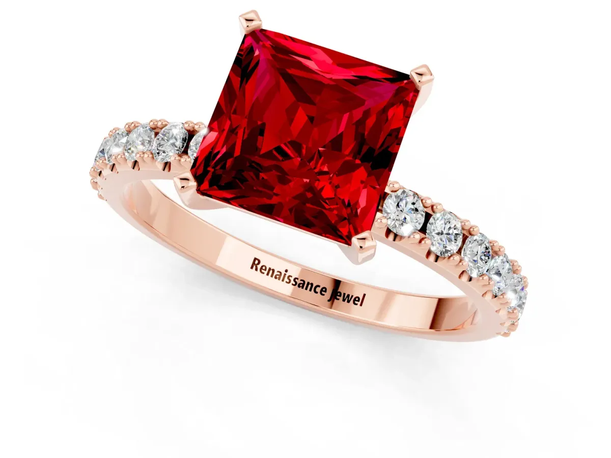 Princess Cut Ruby Solitaire Pavé Band with Four-Prong Setting Rose gold