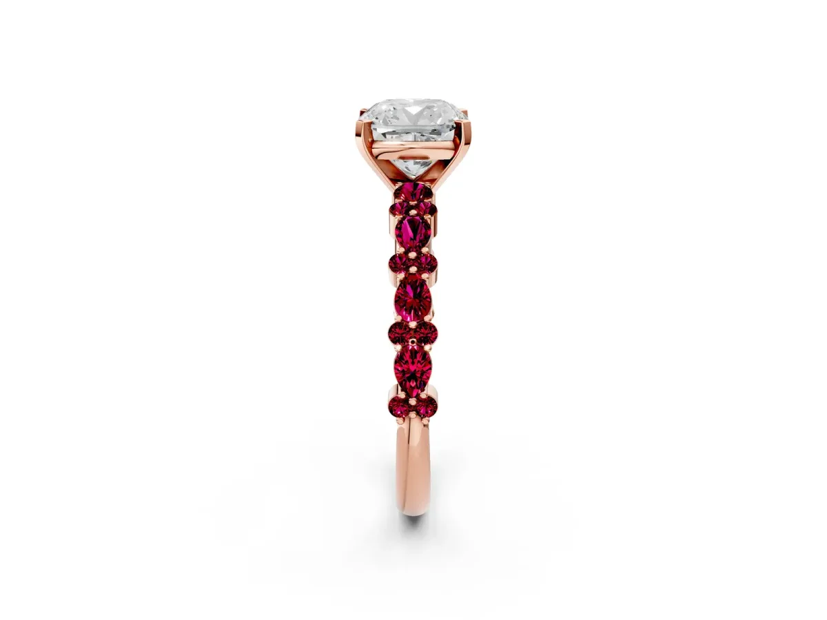 Cushion Cut Diamond Side Stone Solitaire Ring with Round Garnet and Four-Prong Setting Rose gold