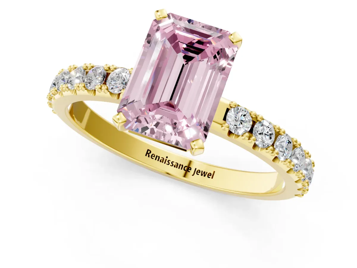 Fancy Pink Emerald Cut Diamond Solitaire Pavé Band with Four-Prong Setting Yellow gold
