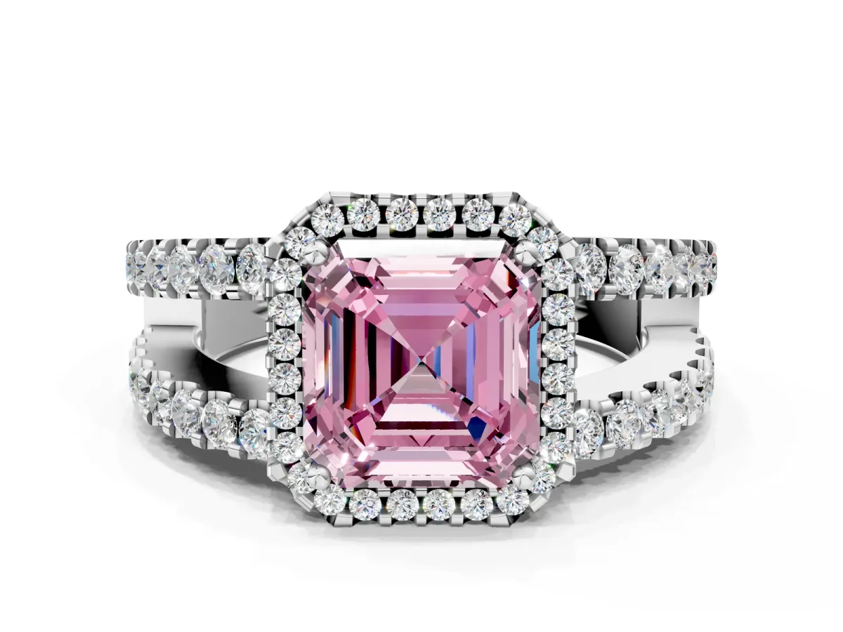 Fancy Pink Asscher Cut Cut Halo Split Shank Diamond Ring with Four-Prong Setting Platinum