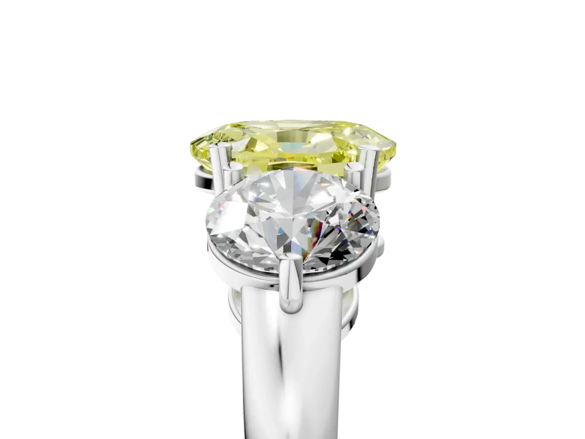 Fancy Yellow Oval Cut Diamond Three-Stone Ring with Prong Setting and Classic Band White gold