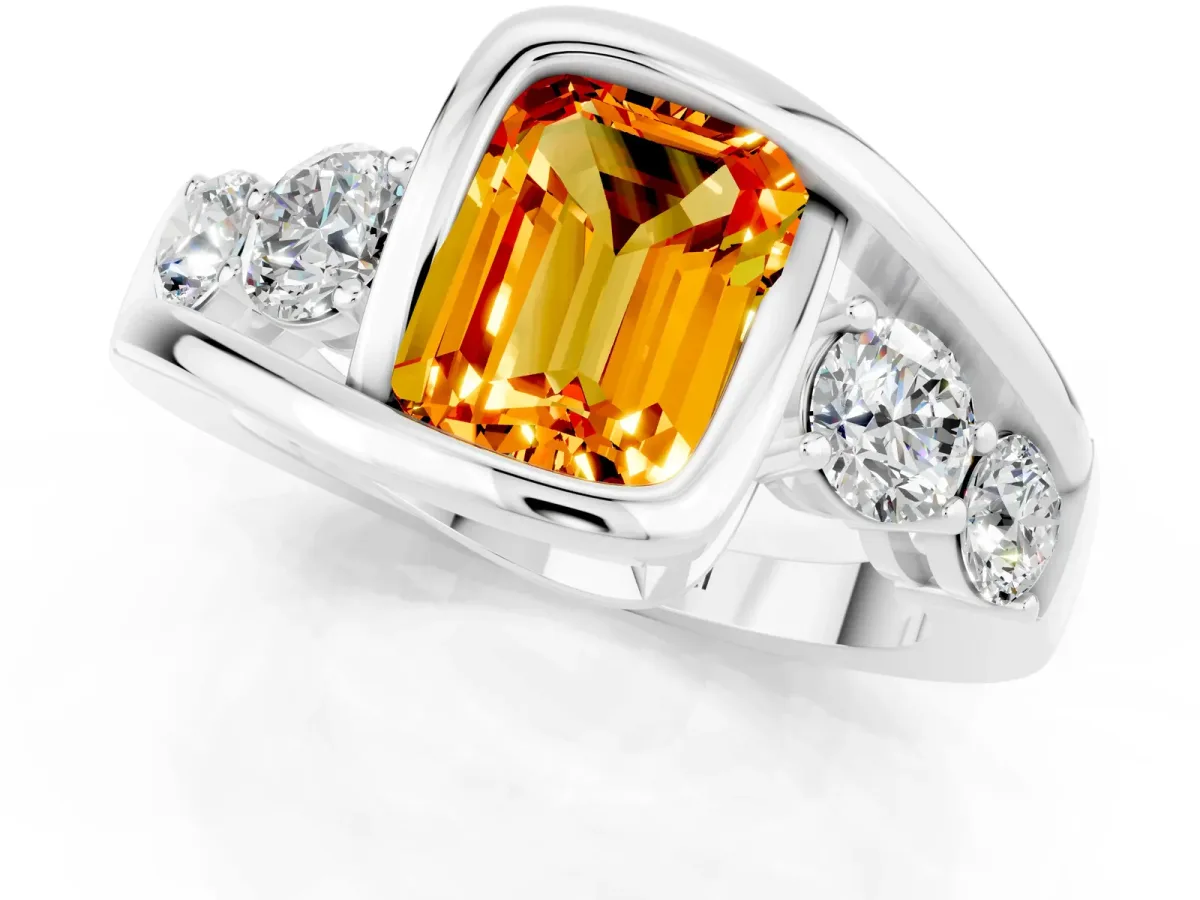 Bezel Set Emerald Cut Citrine Bypass Ring with Round Accents Platinum