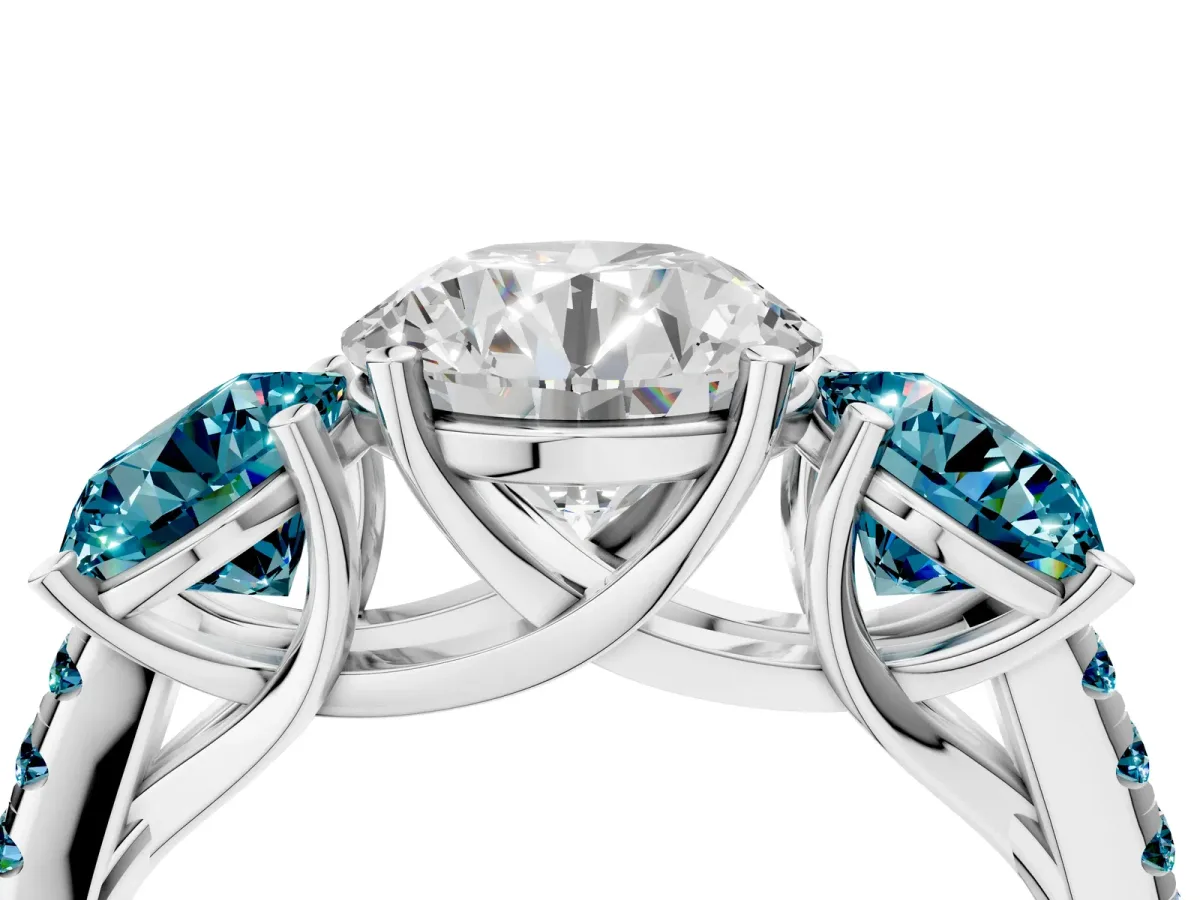 Three-Stone Round Cut Diamond Ring with Round Blue Topaz Pavé Band and Prong Setting Silver