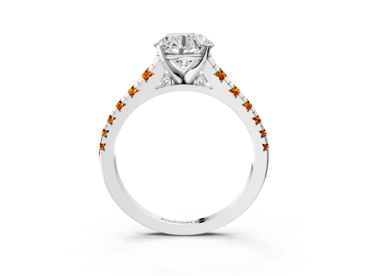 Round Cut Diamond Cathedral Solitaire Ring with Round Citrine Pavé Band Silver