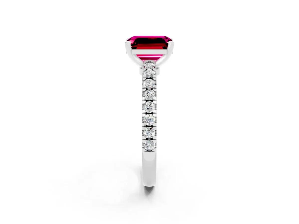 Emerald Cut Solitaire Garnet with Pavé Band and Four-Prong Setting White gold