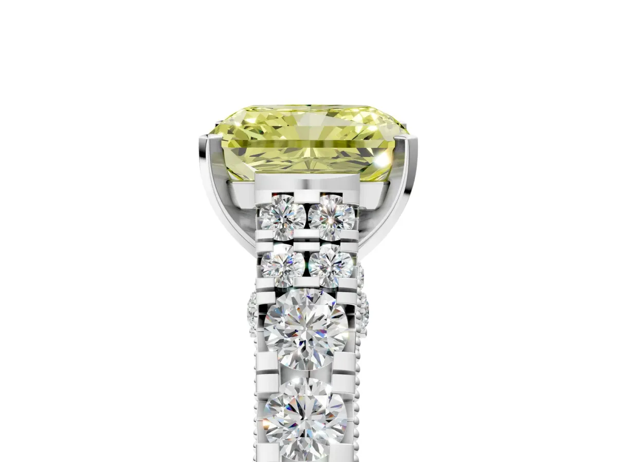Fancy Yellow Radiant Cut Diamond Classic Solitaire Ring with Pavé Band and Four-Prong Setting Silver