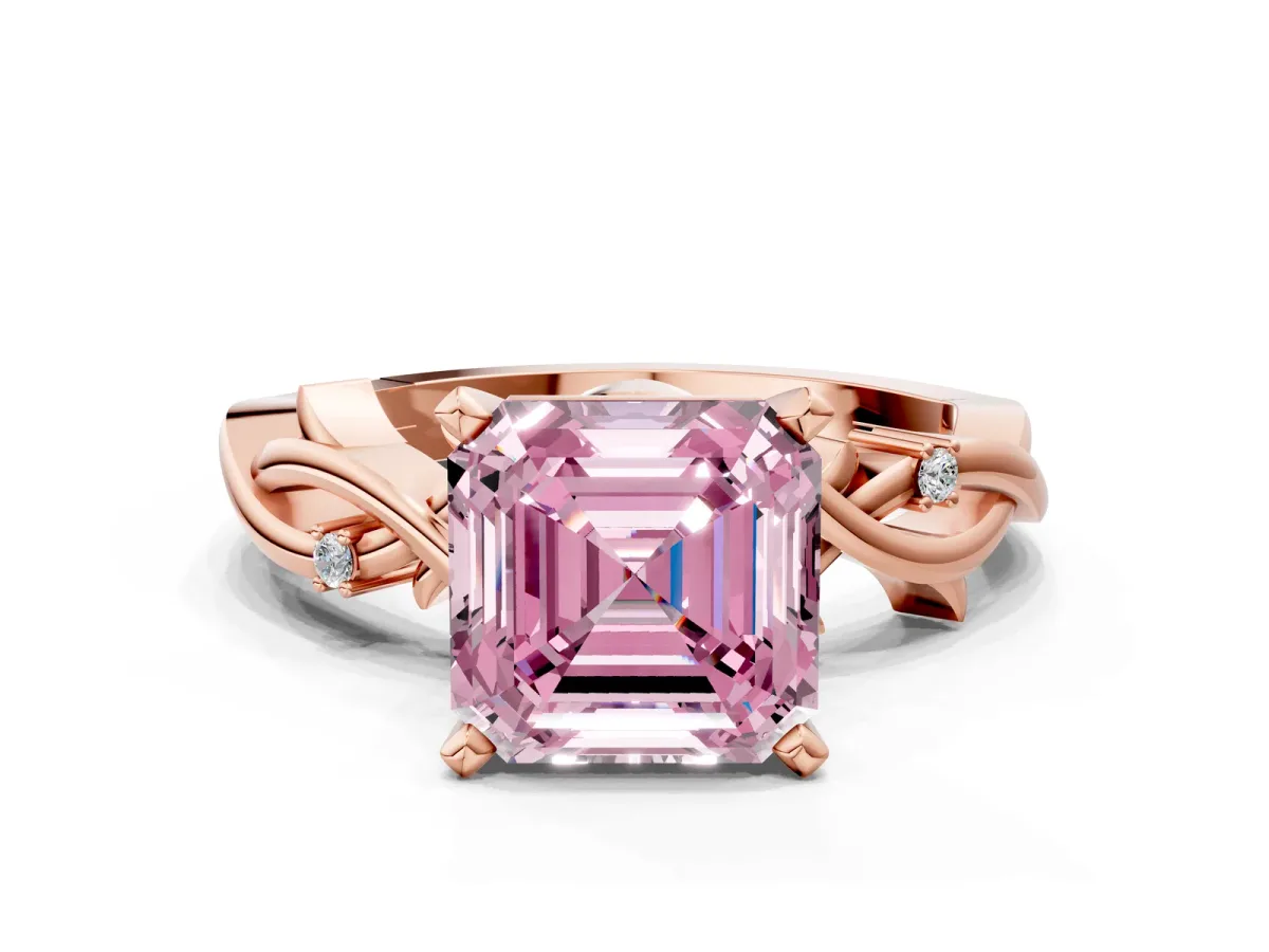 Fancy Pink Asscher Cut Diamond Solitaire Ring with Twisted Band and Prong Setting Rose gold