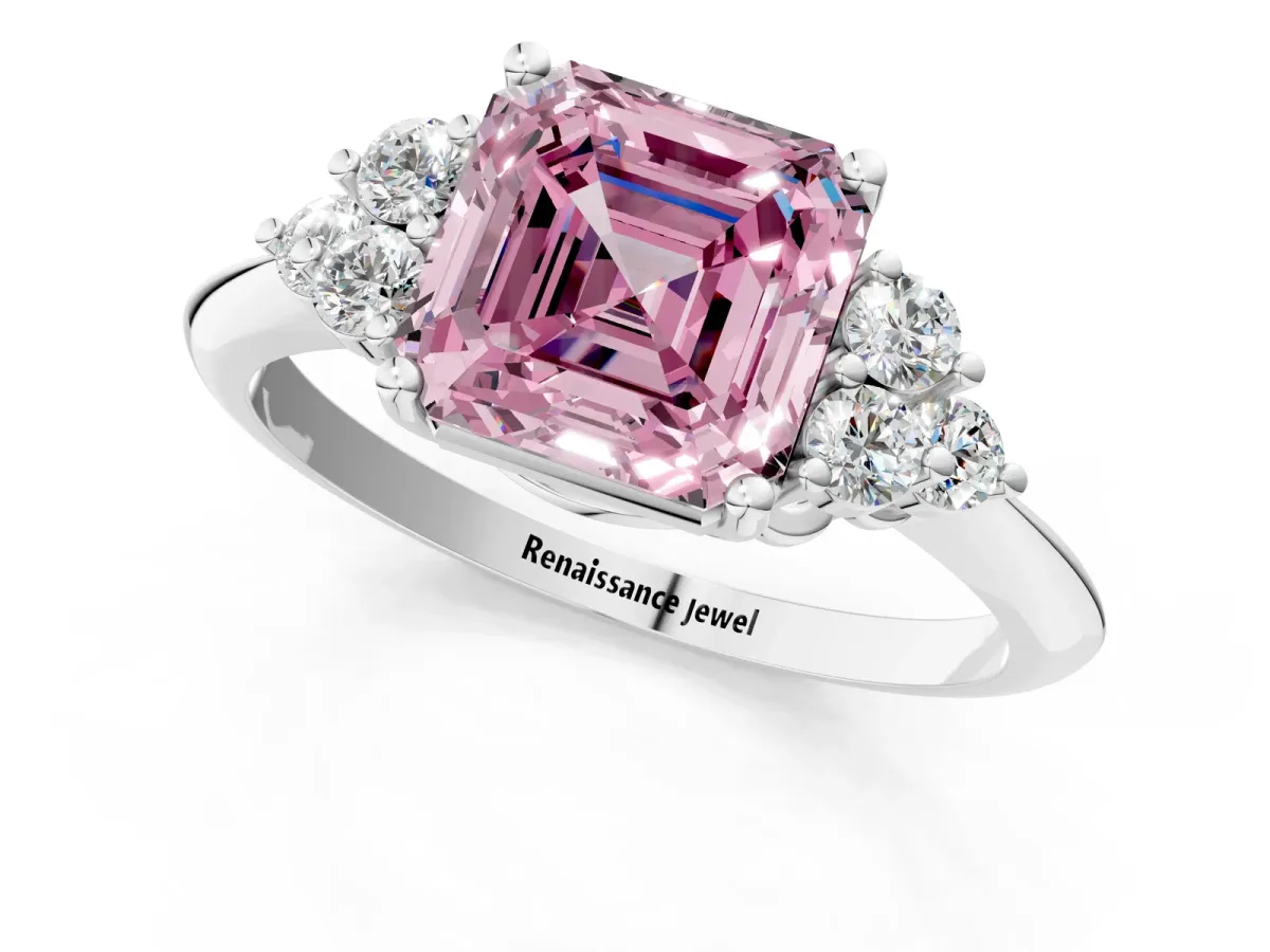 Fancy Pink Asscher Cut Cut Diamond Cluster Ring with Solitaire Band and Four-Prong Setting Platinum