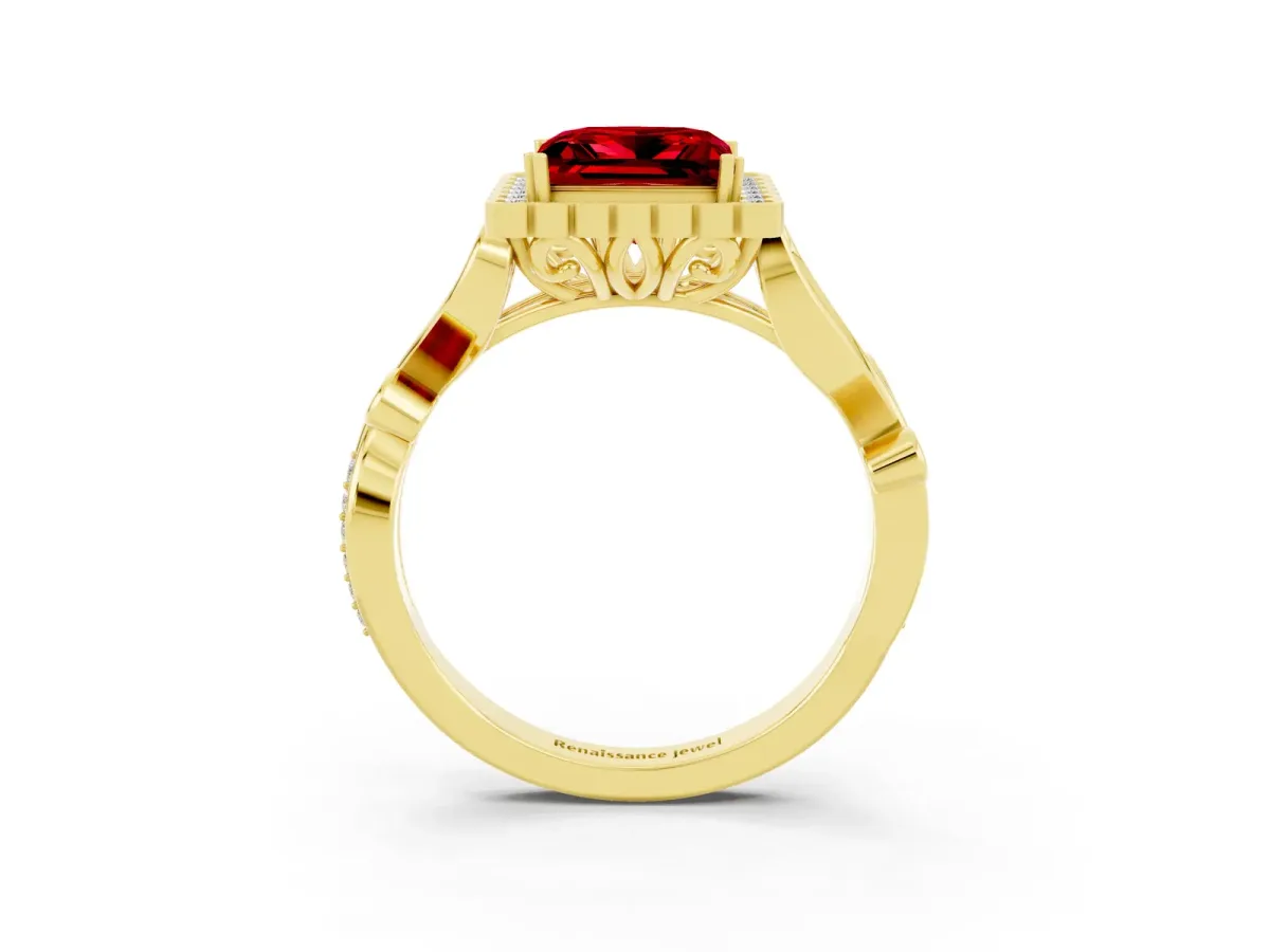 Princess Cut Ruby Halo Ring with Vintage Split Shank and Four-Prong Setting Yellow gold