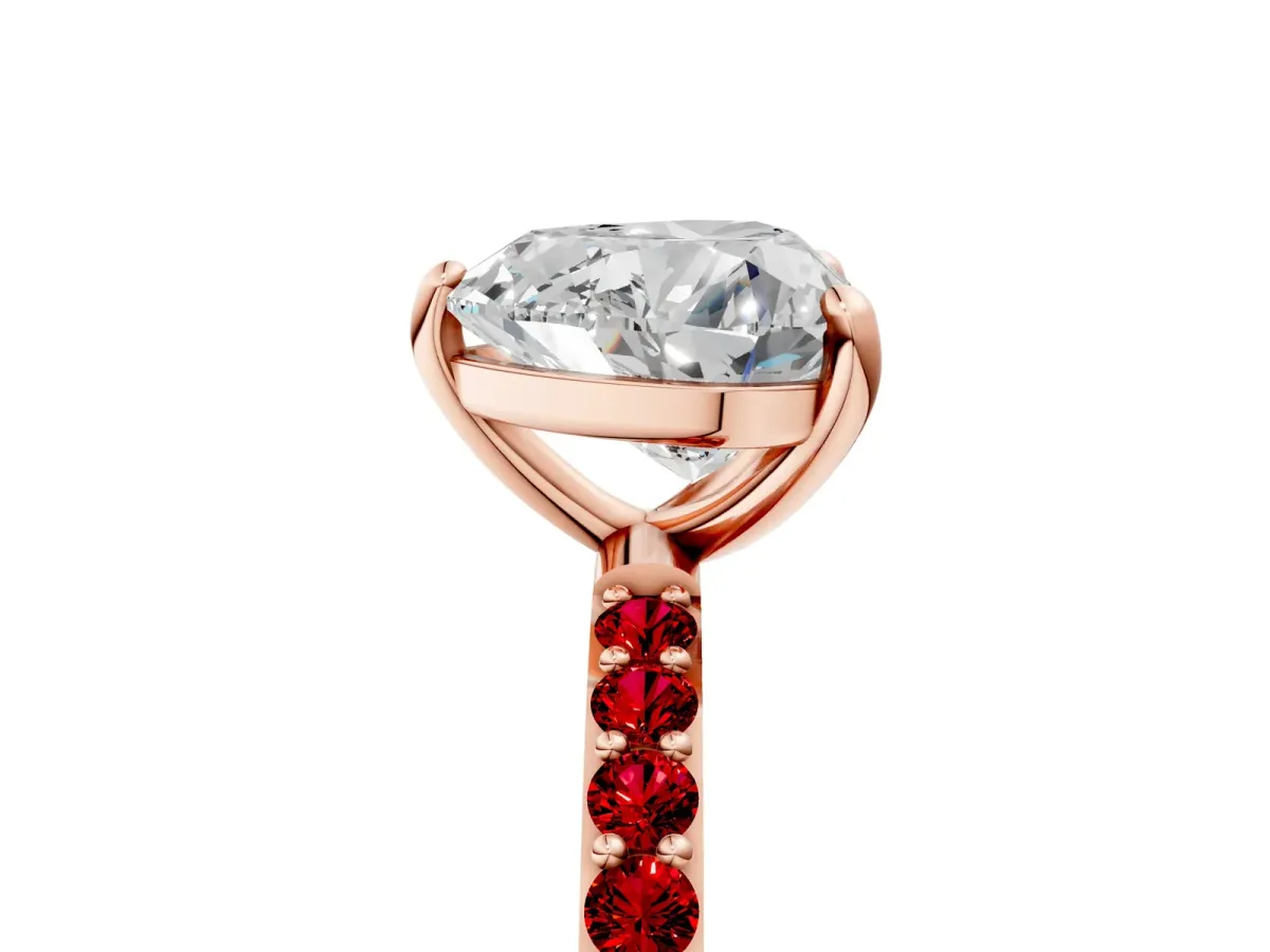 Heart Cut Diamond Solitaire Ring with Round Ruby Pavé Band and Prong Setting Rose gold