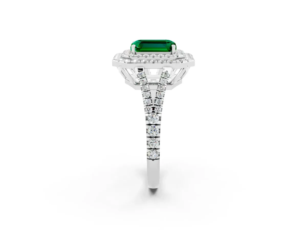 Emerald Cut Emerald Double Halo Ring with Pavé Band and Prong Setting White gold