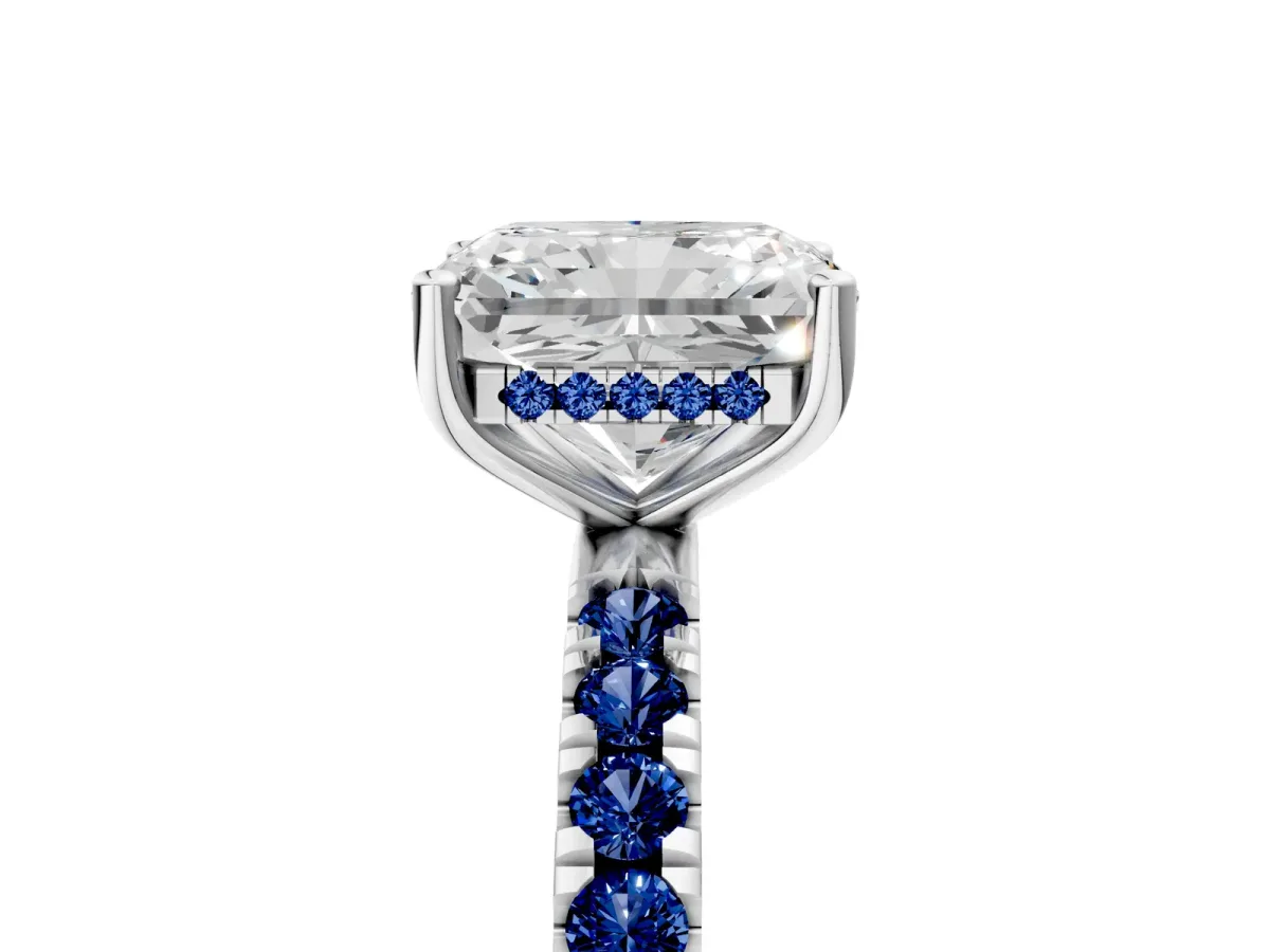 Radiant Cut Diamond Pave Band Solitaire Ring with Round Blue Sapphire and Prong Setting Silver