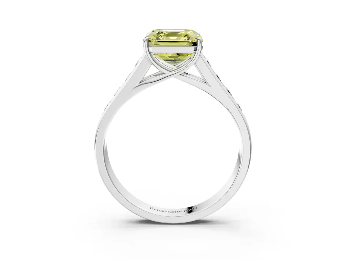 Fancy Yellow Asscher Cut Brilliant Channel-Set Solitaire Ring with Four-Prong Setting Platinum