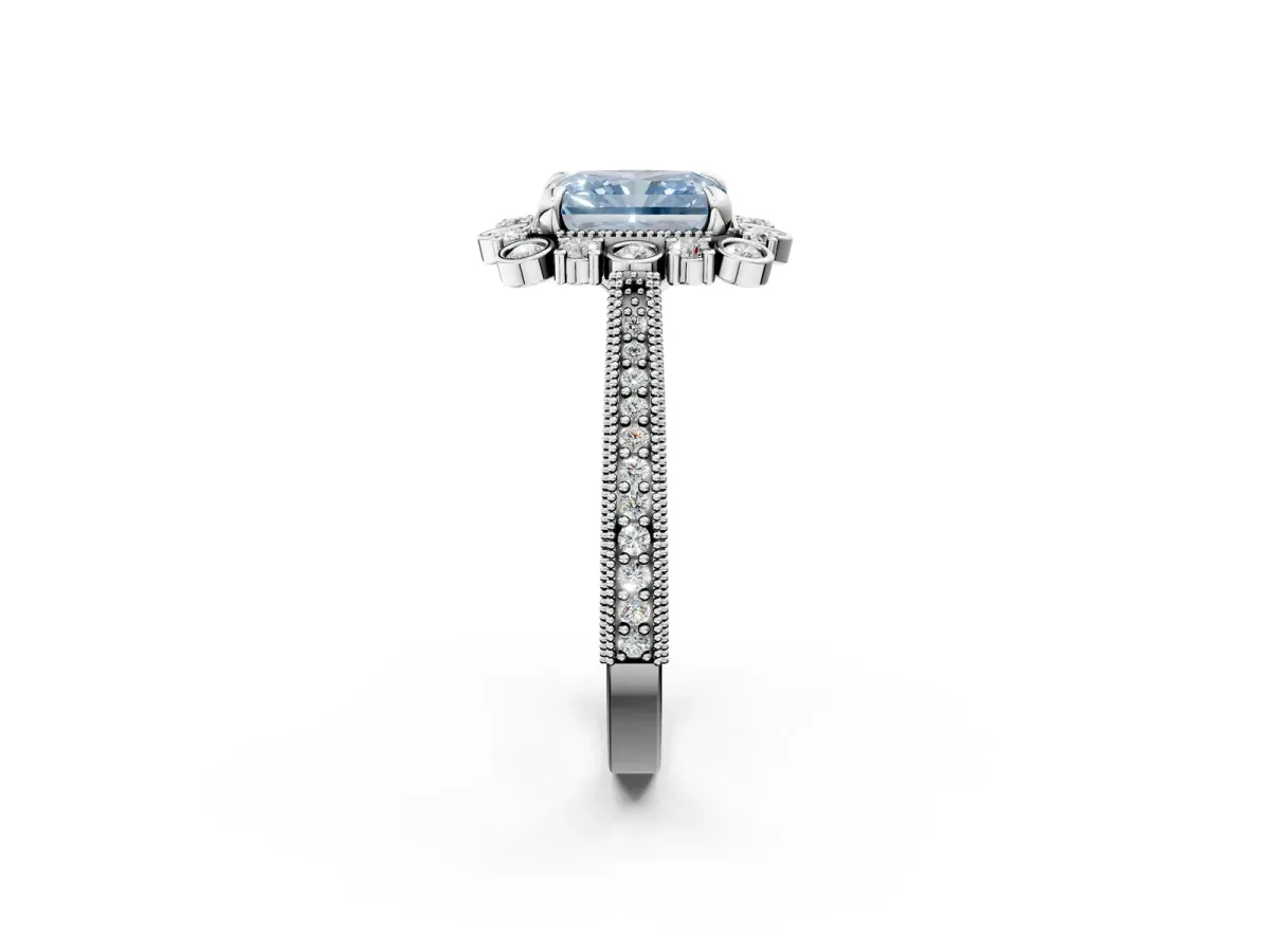 Fancy Blue Radiant Cut Halo Milgrain Pave Diamond Ring with Four-Prong Setting Platinum