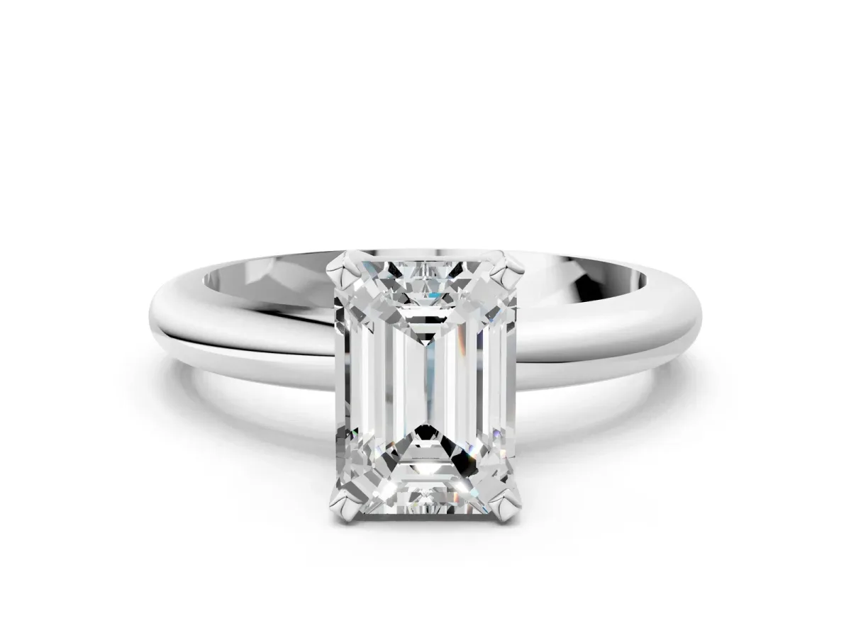 Emerald Cut Diamond Solitaire Engagement Ring with Round Band and Four-Prong Setting Silver