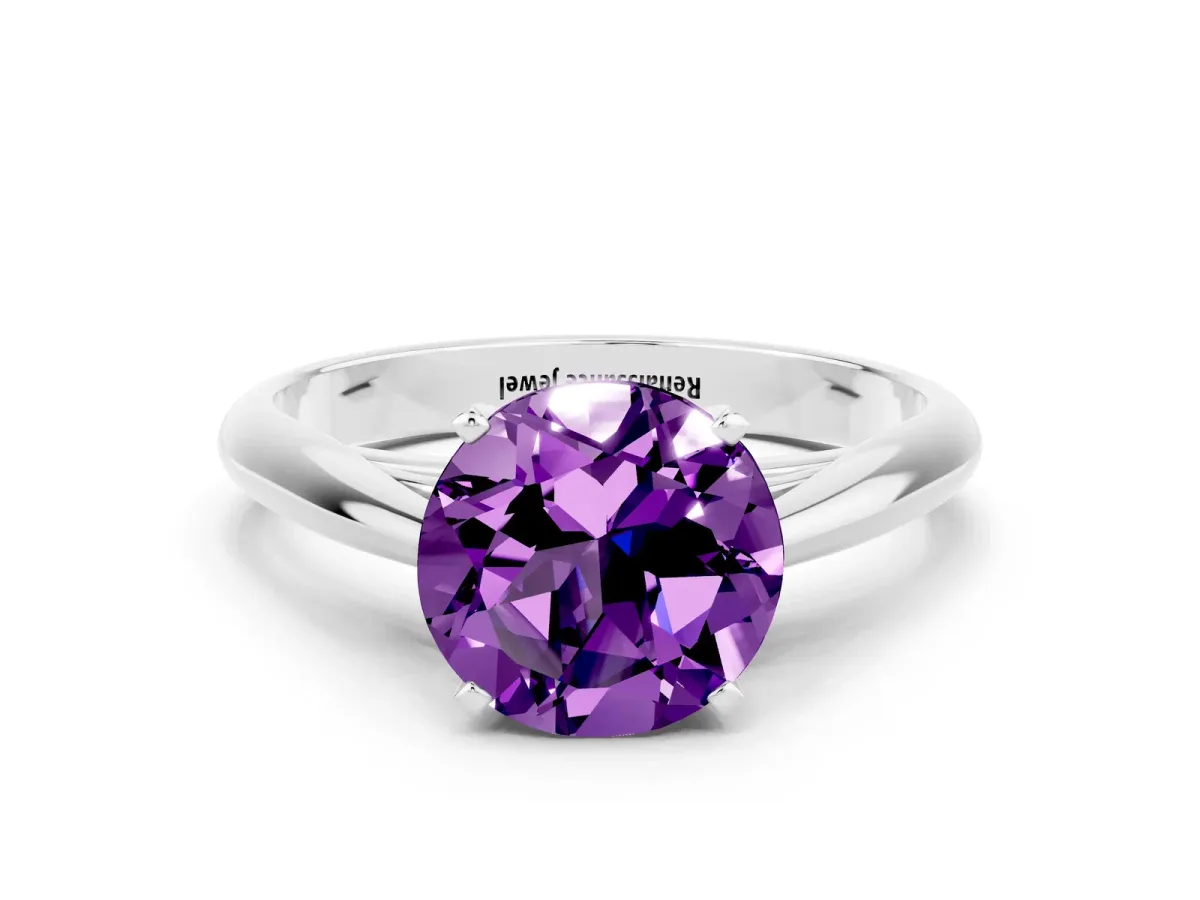 Round Cut Amethyst Solitaire Engagement Ring with Cathedral Setting and Four-Prong Mount White gold