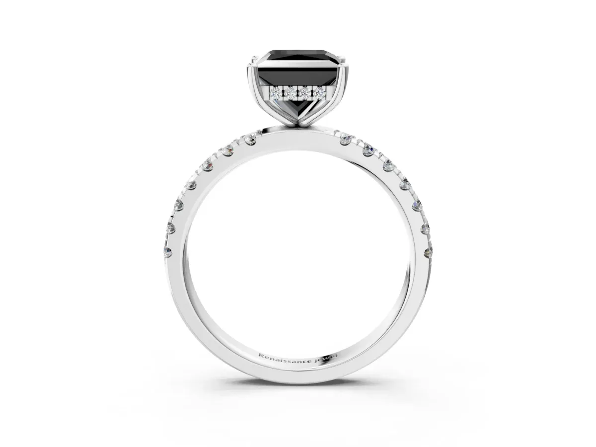 Fancy Black Princess Cut Diamond Pave Band Solitaire Ring with Round and Prong Setting Silver