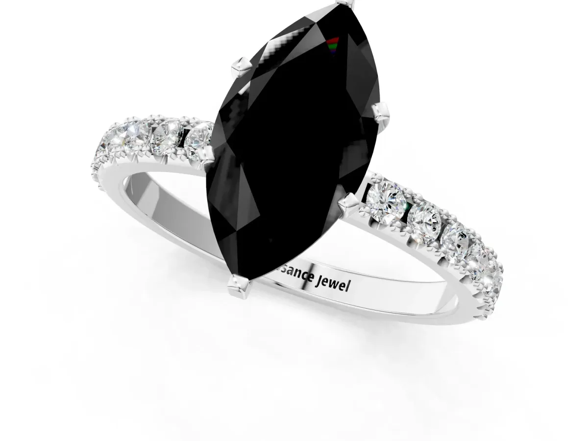 Fancy Black Marquise Cut Diamond Solitaire Pavé Band with Four-Prong Setting Silver
