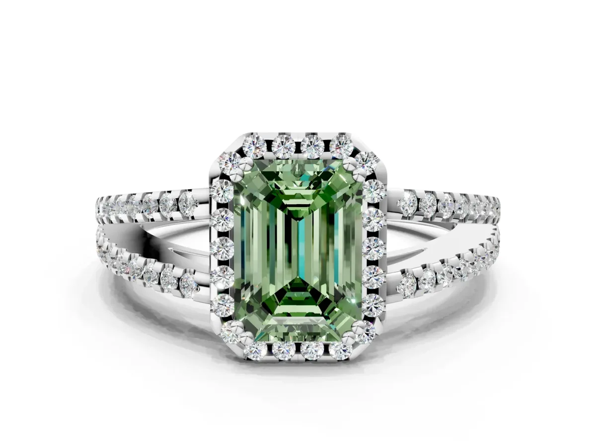 Fancy Green Emerald Cut Diamond Halo Split Shank Engagement Ring Platinum