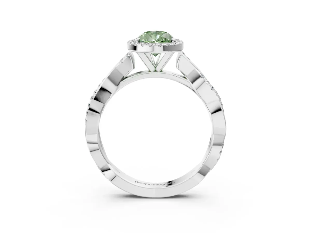 Fancy Green Pear Cut Cut Halo Twisted Band Four-Prong Ring Platinum