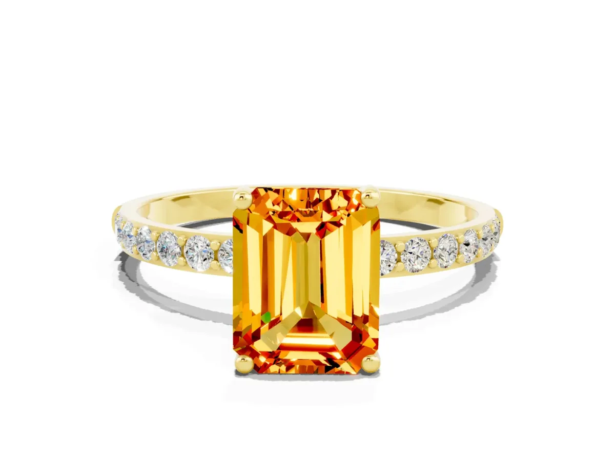 Emerald Cut Citrine Solitaire Ring with Round Pavé Band and Prong Setting Yellow gold