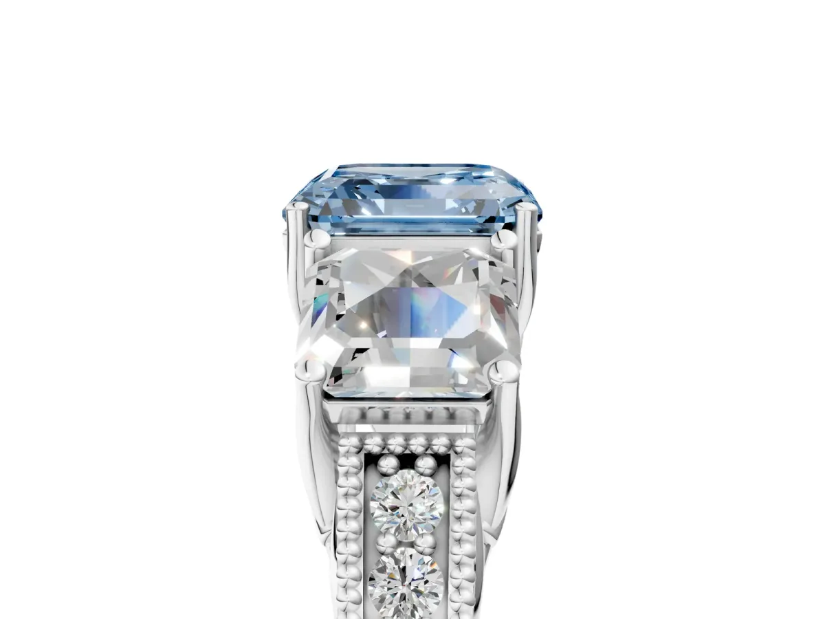 Fancy Blue Three-Stone Asscher Cut Cut Milgrain Pavé Engagement Ring Platinum