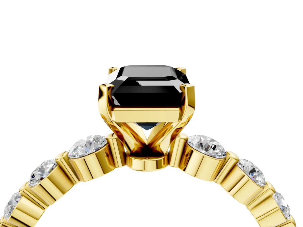 Fancy Black Emerald Cut Solitaire Diamond Ring with Pave Band and Four-Prong Setting Yellow gold