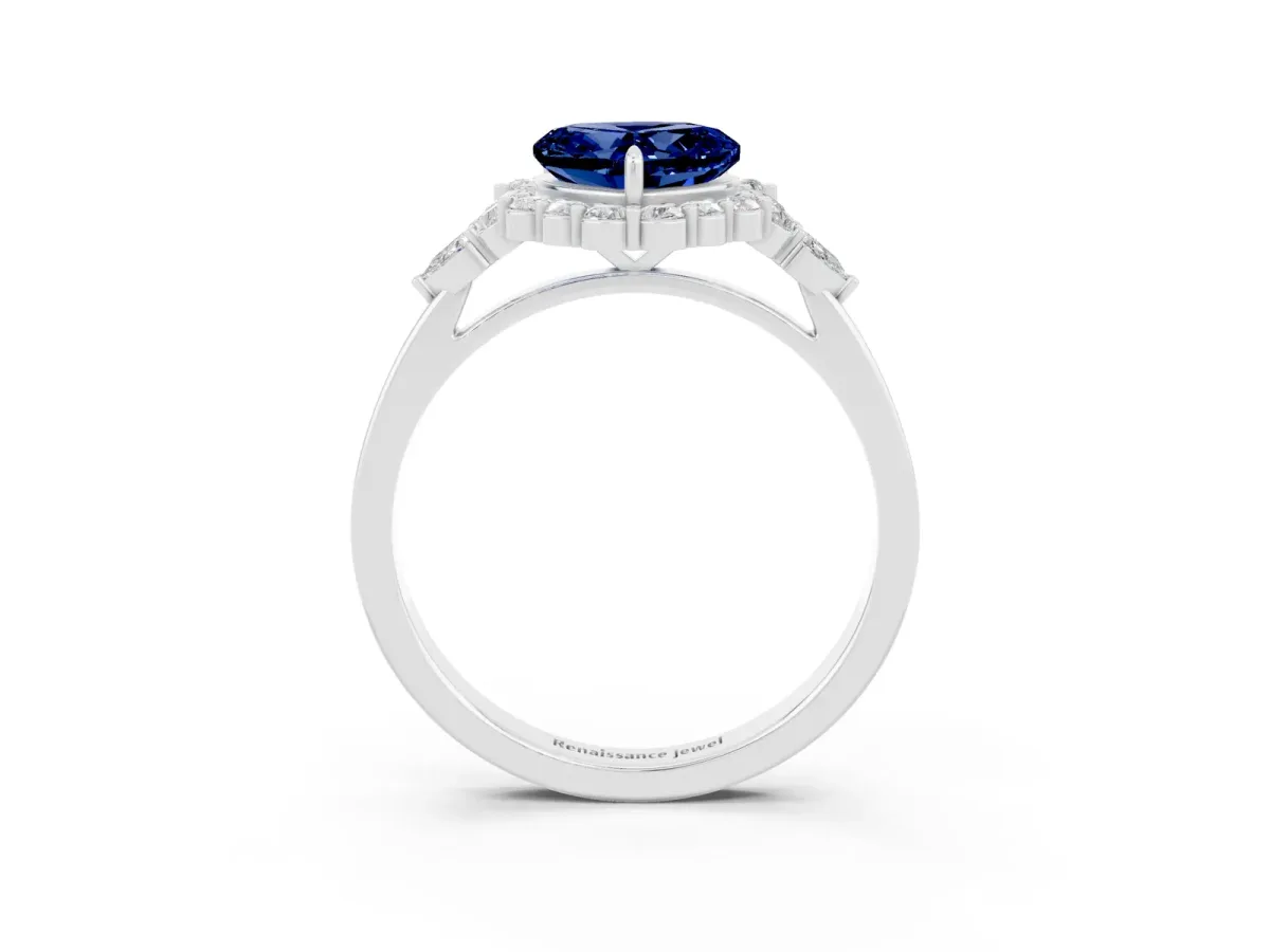 Heart Cut Blue Sapphire Halo Ring with Pear Side Stones and Prong Setting Silver