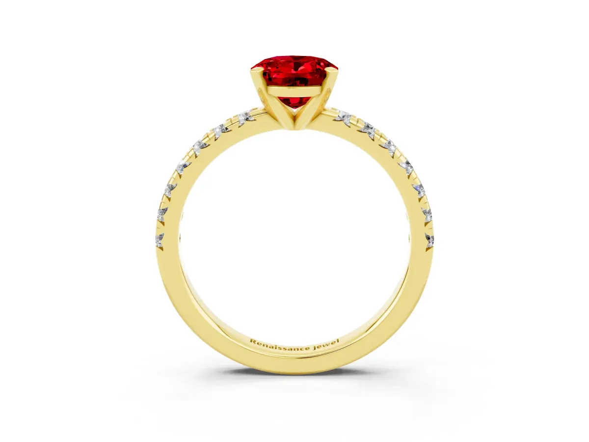 Oval Cut Ruby Solitaire Pavé Engagement Ring with Round Band and Prong Setting Yellow gold