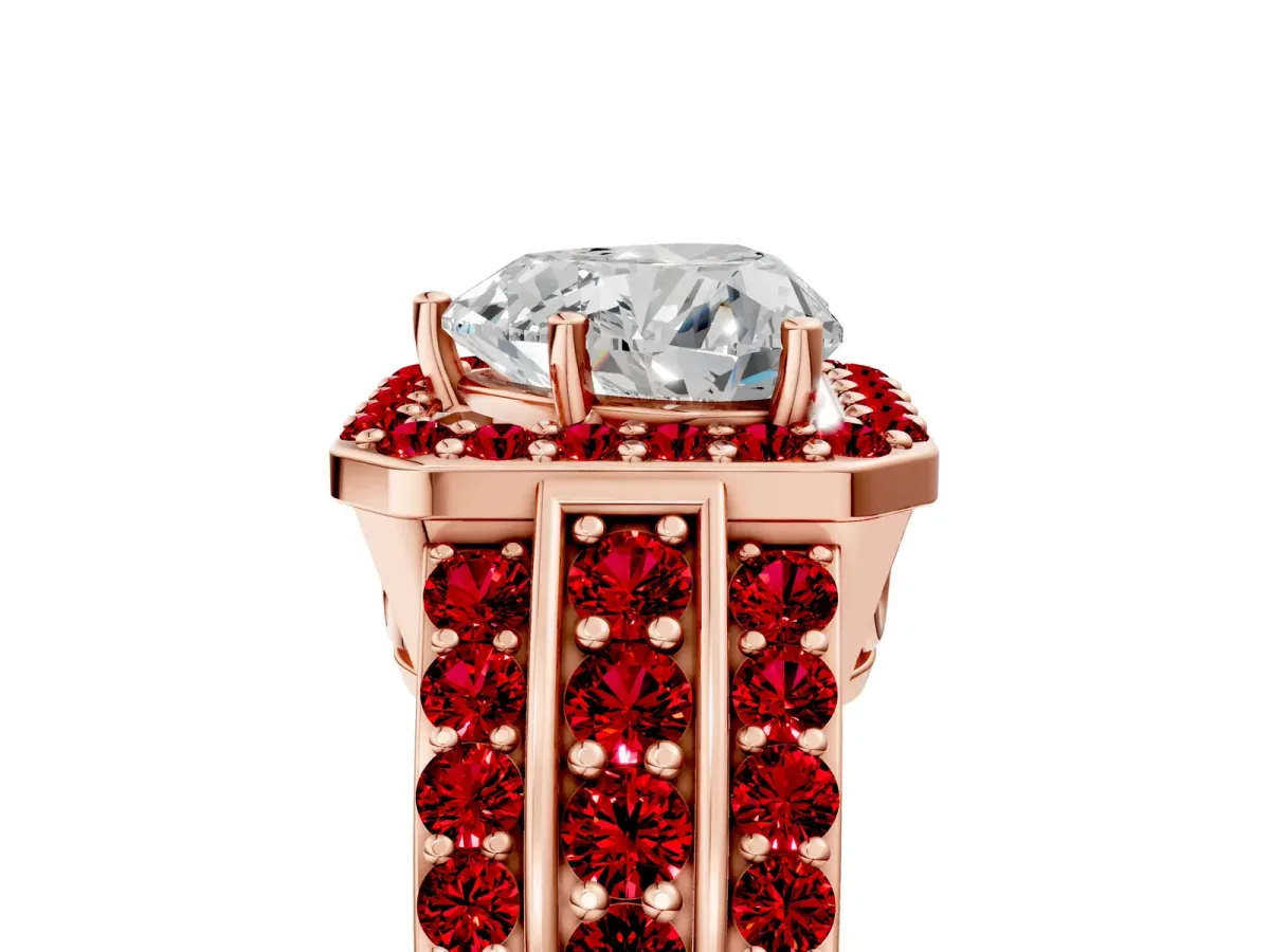 Heart Cut Halo Diamond Ring with Round Ruby Split Shank and Prong Setting Rose gold