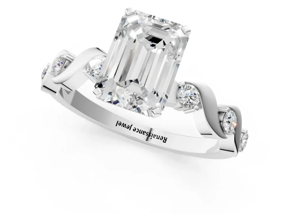 Emerald Cut Diamond Solitaire Twisted Band with Round Accents and Prong Setting Silver