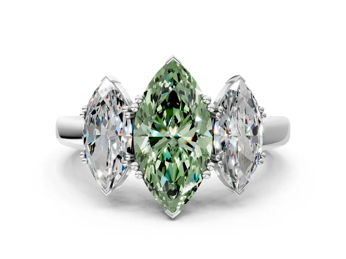 Fancy Green Three-Stone Marquise Cut Cut Diamond Ring with Channel Set Band and Four-Prong Setting Silver