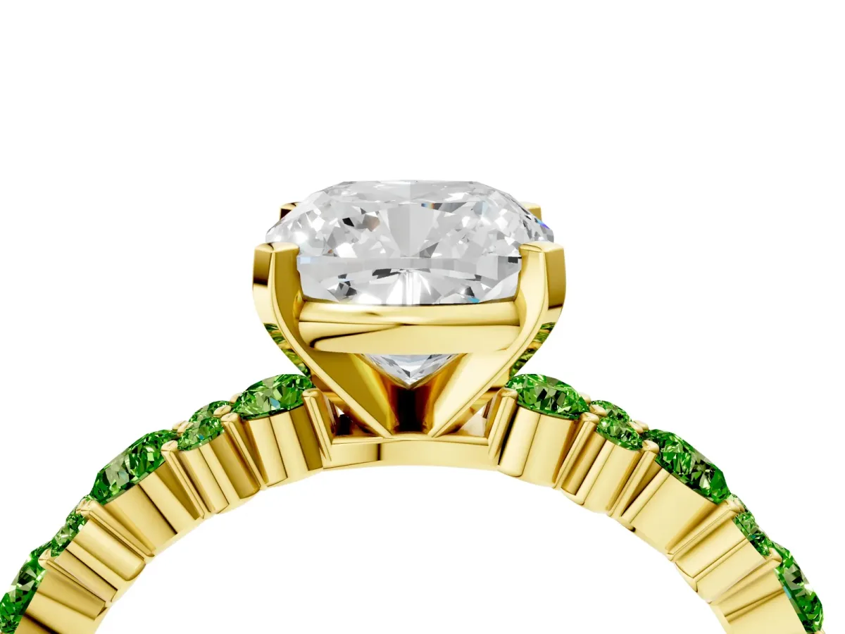Cushion Cut Diamond Side Stone Solitaire Ring with Round Peridot and Four-Prong Setting Yellow gold