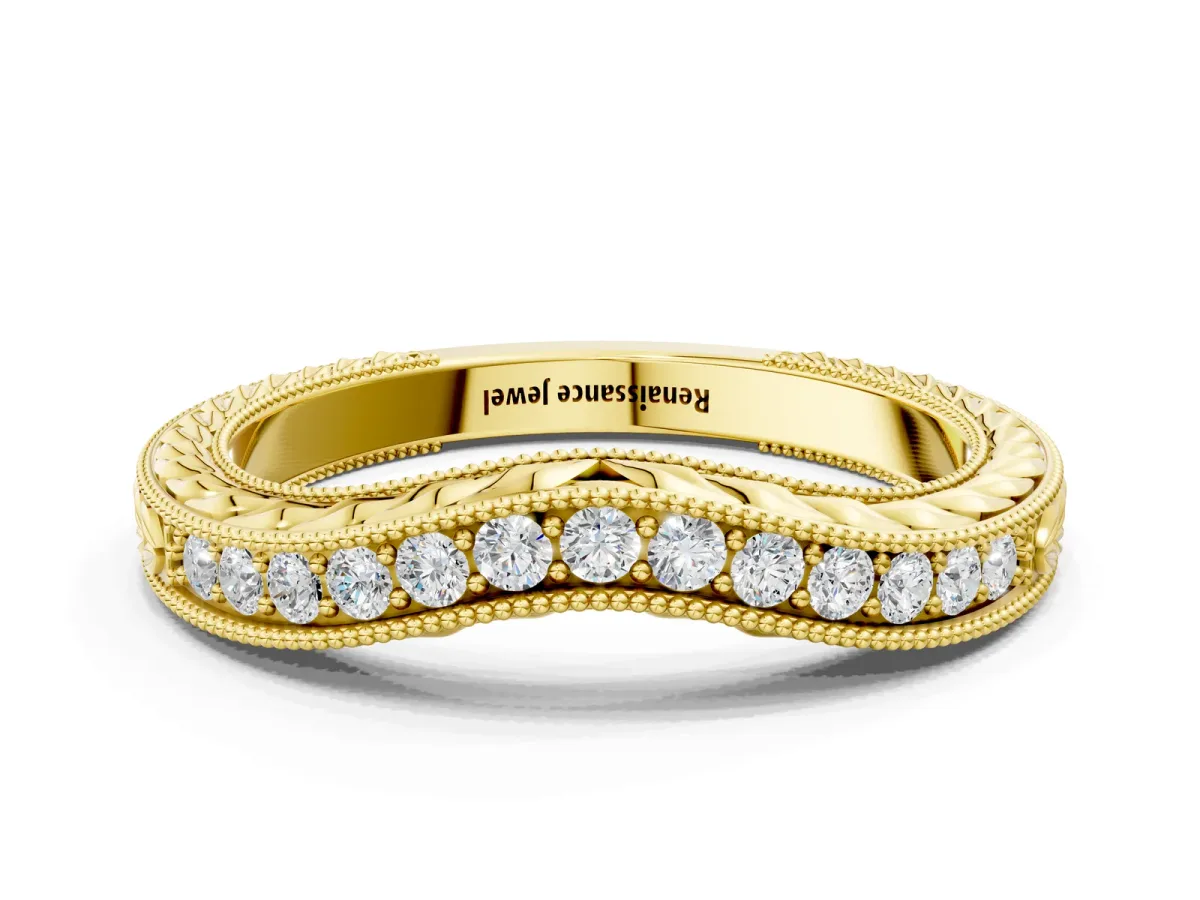 Milgrain Round Diamond Curved Eternity Band with Pavé Setting Yellow gold