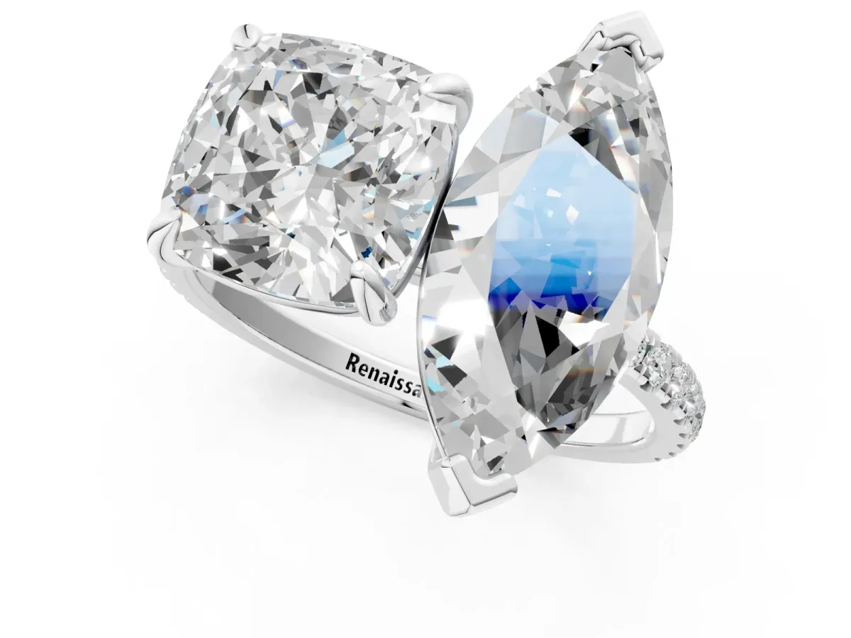 Cushion and Marquise Toi Moi Ring with Prong Setting and Micro Pave Band Silver