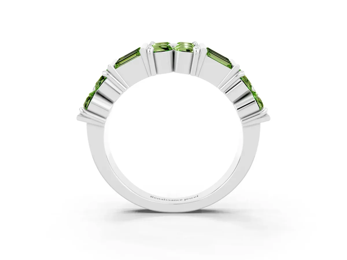 Channel Set Round and Baguette Peridot Anniversary Band with Prong Setting Silver