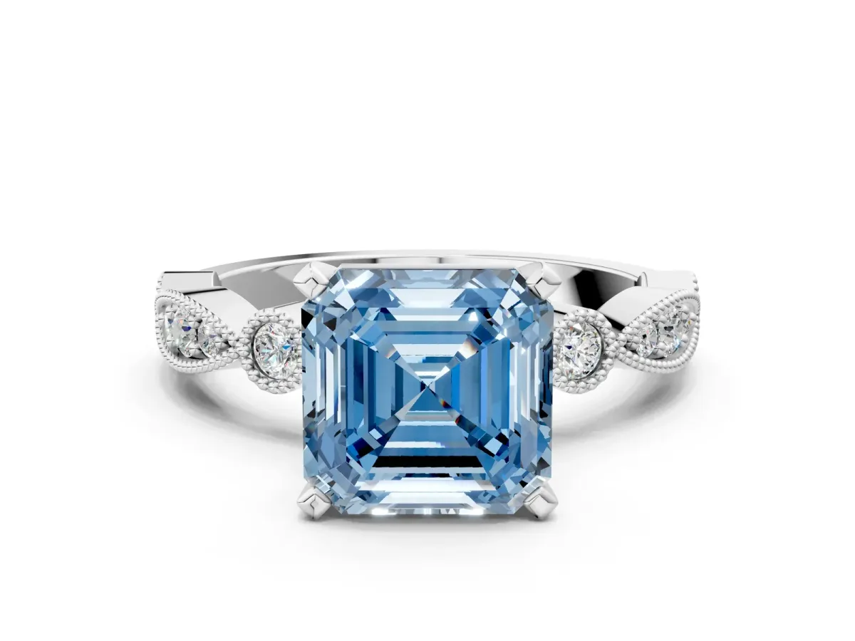 Fancy Blue Asscher Cut Milgrain Bezel Diamond Engagement Ring with Solitaire Prong Setting Platinum