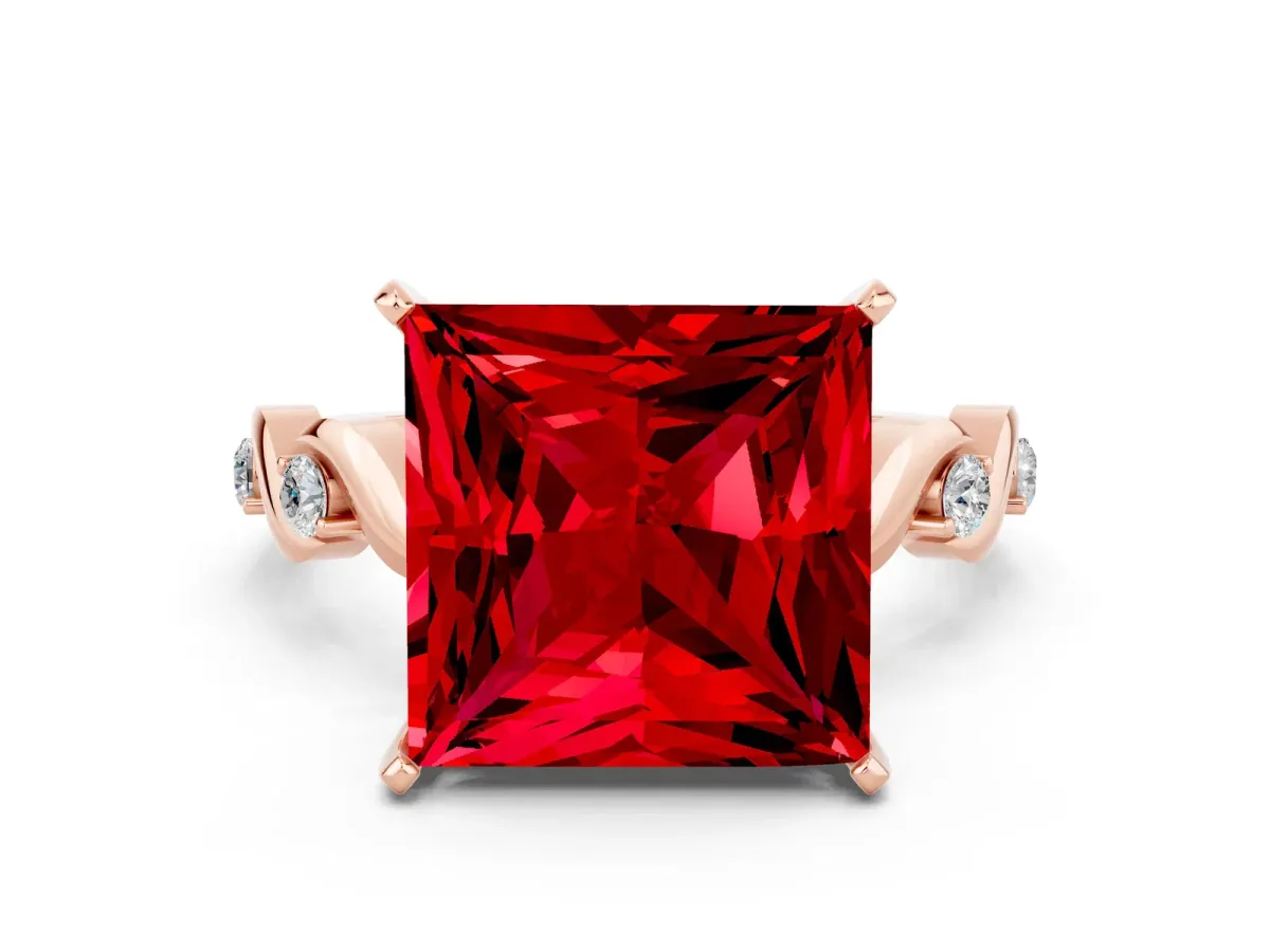 Princess Cut Ruby Solitaire Twisted Band with Round Accents and Prong Setting Rose gold