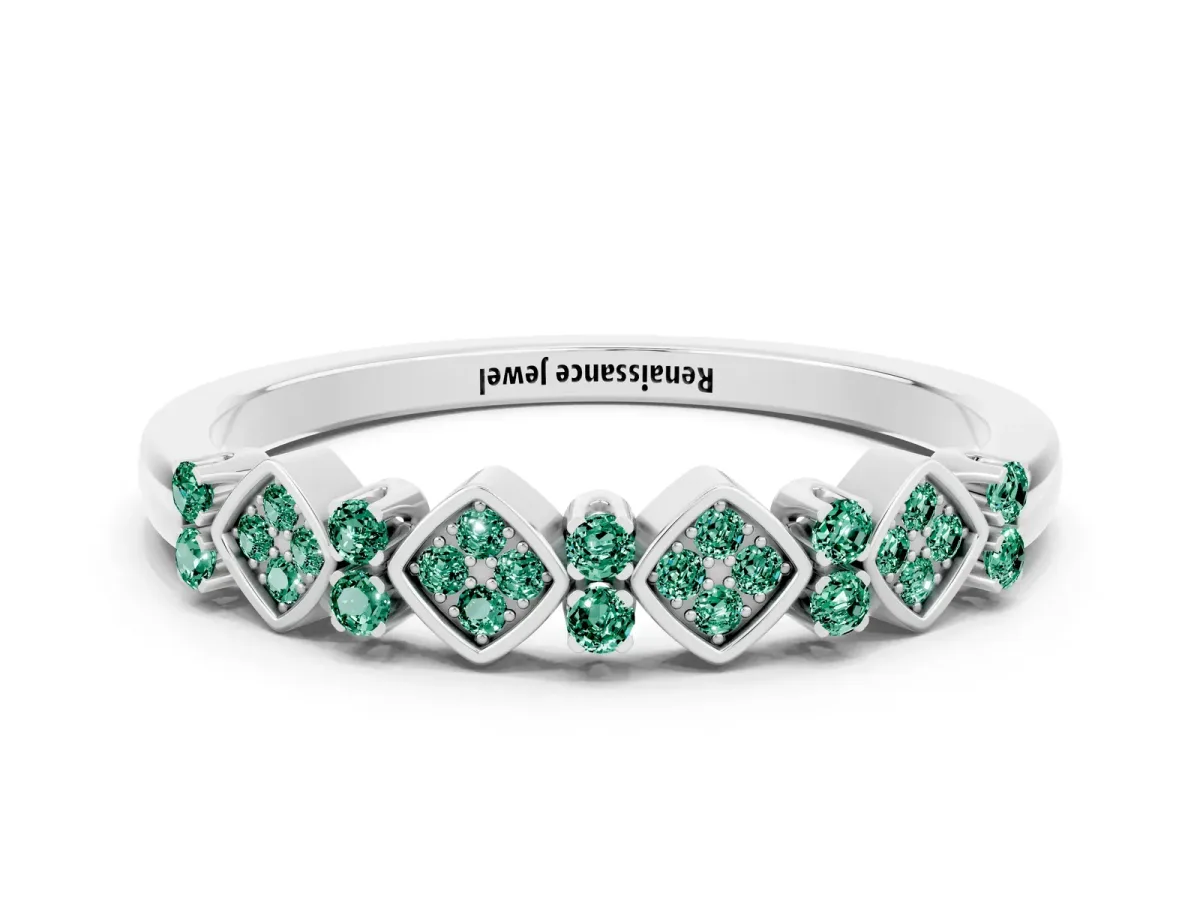 Pavé Cushion Green Sapphire Cluster Eternity Band with Prong Setting Silver