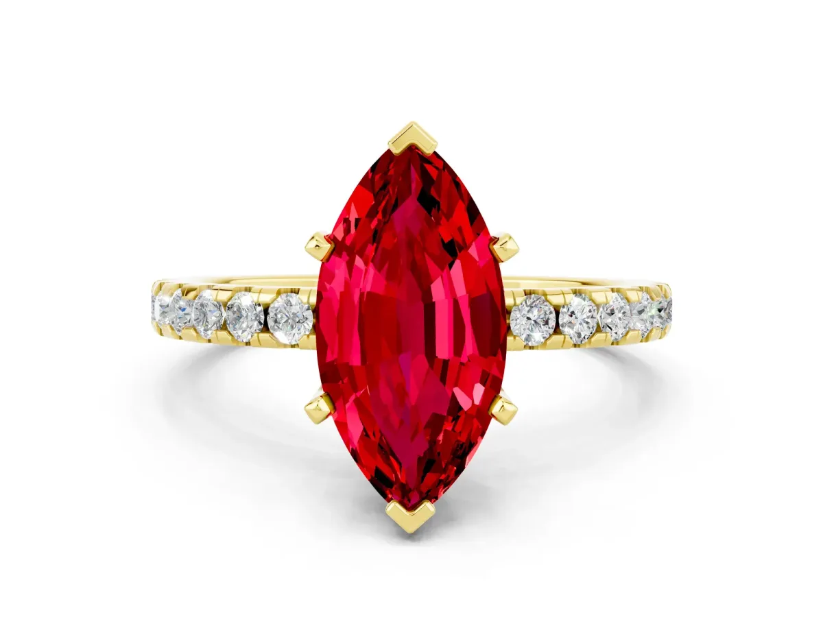 Marquise Cut Ruby Solitaire Ring with Round Pavé Band and Four-Prong Setting Yellow gold