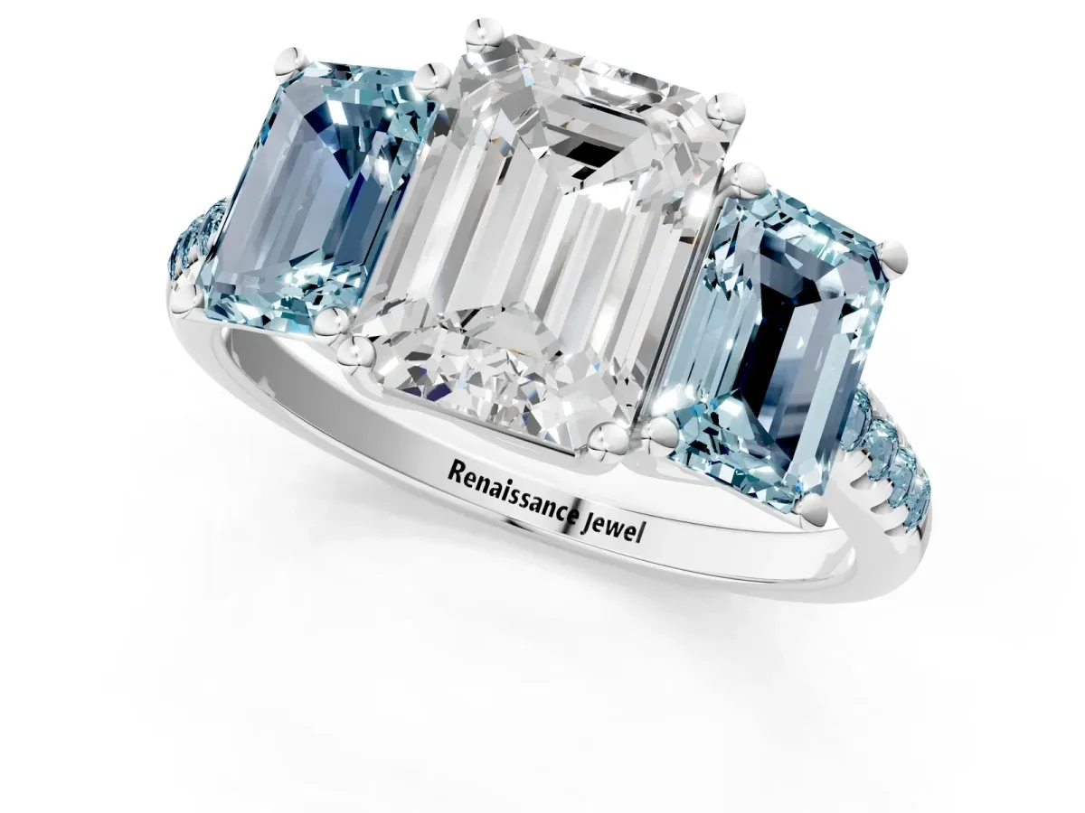 Three-Stone Emerald Cut Diamond Ring with Round Aquamarine Pavé Band and Prong Setting Silver