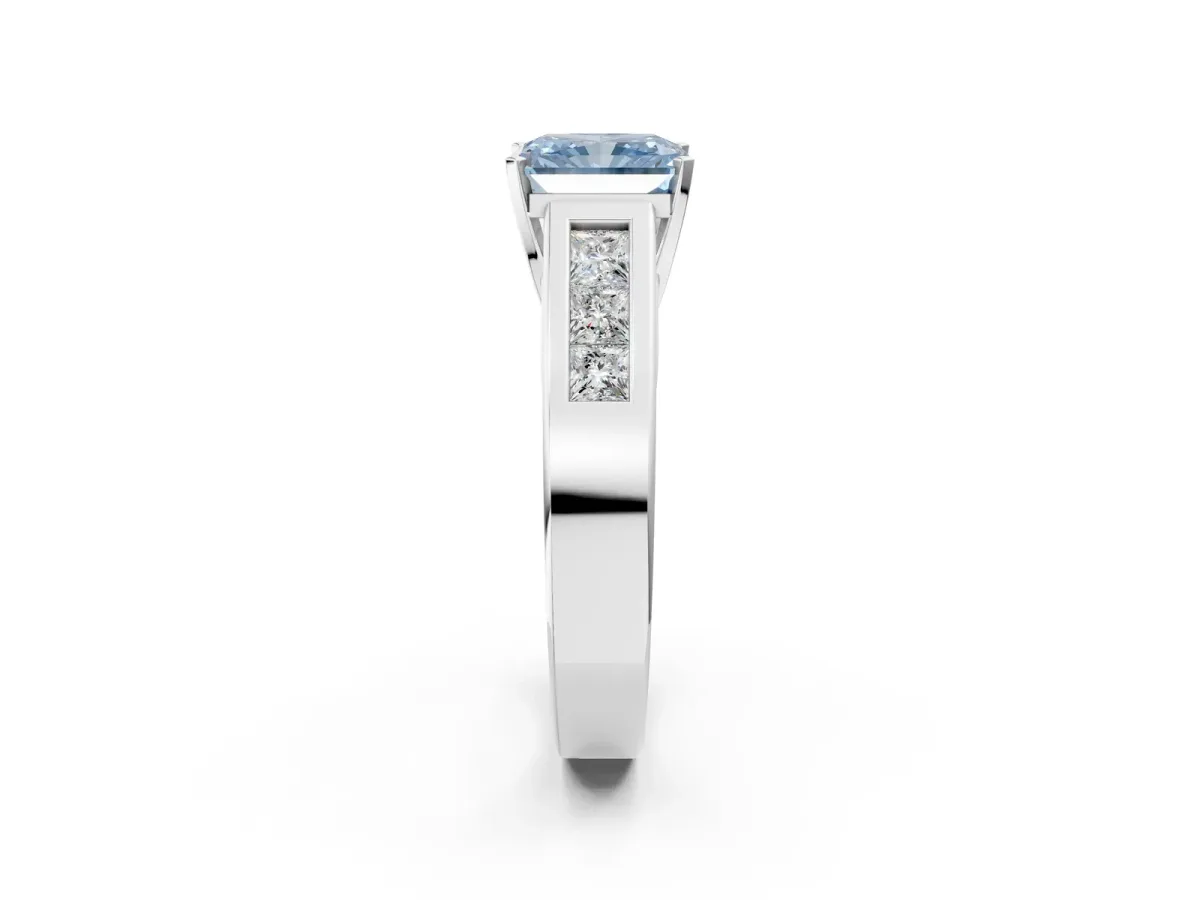 Fancy Blue Radiant Cut Cut Channel Set Solitaire Ring with Four-Prong Setting Platinum